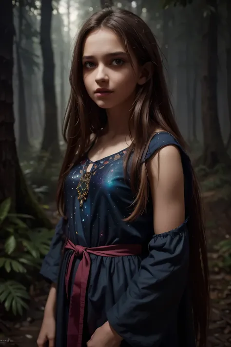 a lone girl standing amidst vibrant colors in an enchanted forest, with moonlit scenery casting mystical shadows, in the distant galaxya lone girl, beautiful girl, detailed facial features, standing, serene expression, vibrant colors, enchanted forest, moo...