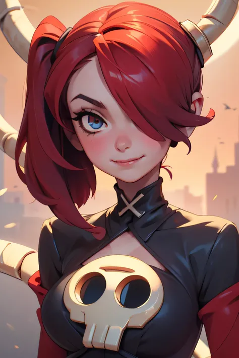 masterpiece,  great detail, a beautiful girl, squigly, skullgirls, red hair, hair over one eye, a blue eye, dos coletas, Bangs, blush, Sewing on the mouth,  smile,  thin, skinny, medium breasts, white skin, black outfit, pose sexy, Textured skin, retrato,