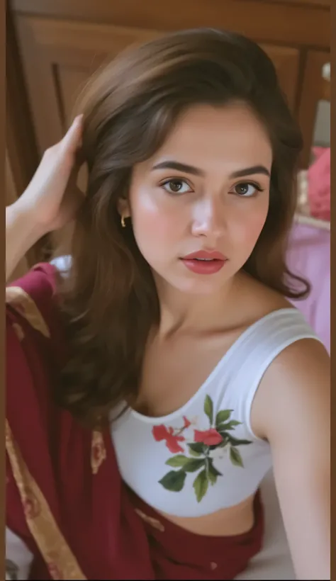 a close up of a woman with a red sari and a pink background, a pastel by John Luke, instagram, photorealism, cute beautiful, beautiful cute, very pretty face, soft portrait shot 8 k, attractive girl, she has a cute face, fanart, cute woman, stylish pose, p...