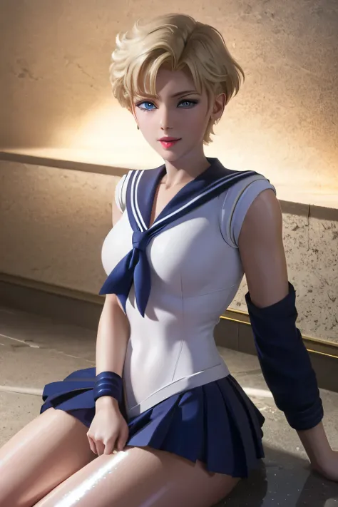 perfect anatomy　Highest quality,highest resolution,((( shiny sailor suit　 shiny miniskirt　short hair　Shiny Blonde　 blue eyes　shiny skin)))　Sailor Uranus