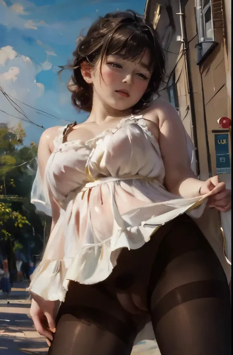 ((old oil painting, impressionism, eccentric pose)), drooping eyes, sleepy face, (the secret behind the rock, casual clothes, takeoff bottom), hit her crotch against a corner of a table for masturbation, open legs, masturbation with stuff, (((dark pantyhos...