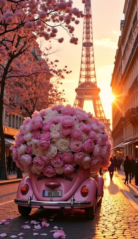 breathtaking cinematic scene of sunset-drenched Paris bathed in golden hour glow. The iconic Eiffel Tower stands majestically in the distance, partially framed by blossoming cherry sakura trees creating a pinkish-white canopy over the cobblestone streets.
...