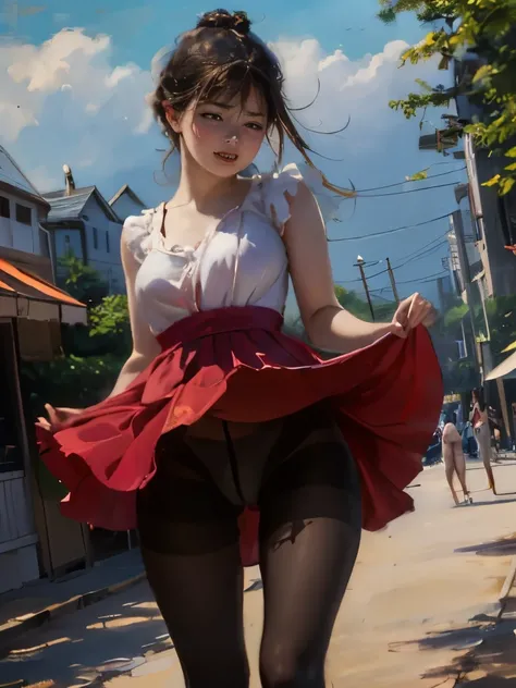 ((old oil painting, impressionism, eccentric pose)), drooping eyes, smile, (the secret behind the rock, casual clothes, takeoff bottom), hit her crotch against a corner of a table for masturbation, open legs, masturbation with stuff, (((dark pantyhose))), ...