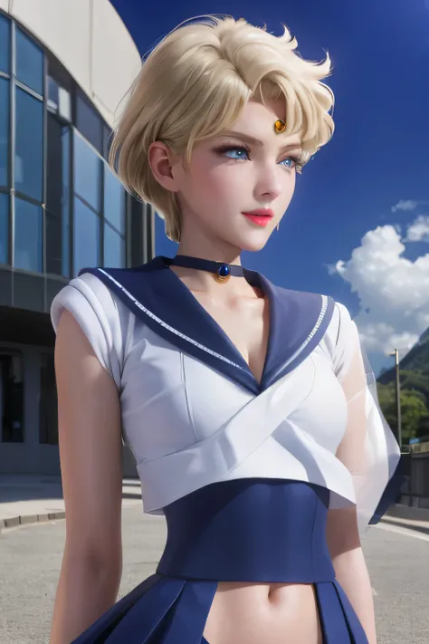 perfect anatomy　Highest quality,highest resolution,((( shiny sailor suit　 shiny miniskirt　short hair　Shiny Blonde　 blue eyes　shiny skin)))　Sailor Uranus