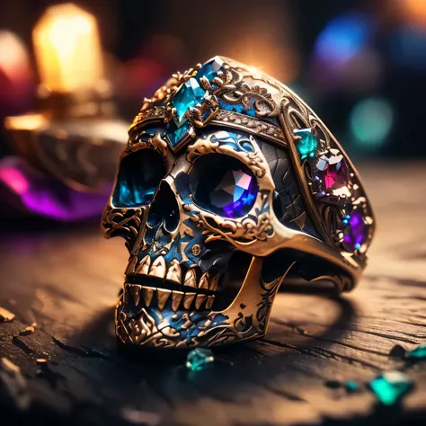 (colorful magic), (grim), magical skull inside gem, focus on a ring ,(intricate details), (hyperdetailed), 16k hdr, high detailed, lot of details, high quality, soft cinematic light, dramatic atmosphere, atmospheric perspective