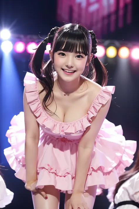 FemaleIdol、 black hair、twin tails from above、 has bangs、smile、Big Breasts、 sexy body、Pink ruffled princess mini dress、 white knee-high boots、 standing leaning forward、mini princess dress with pink ruffles on the LiveStage which is crowded with many spectat...