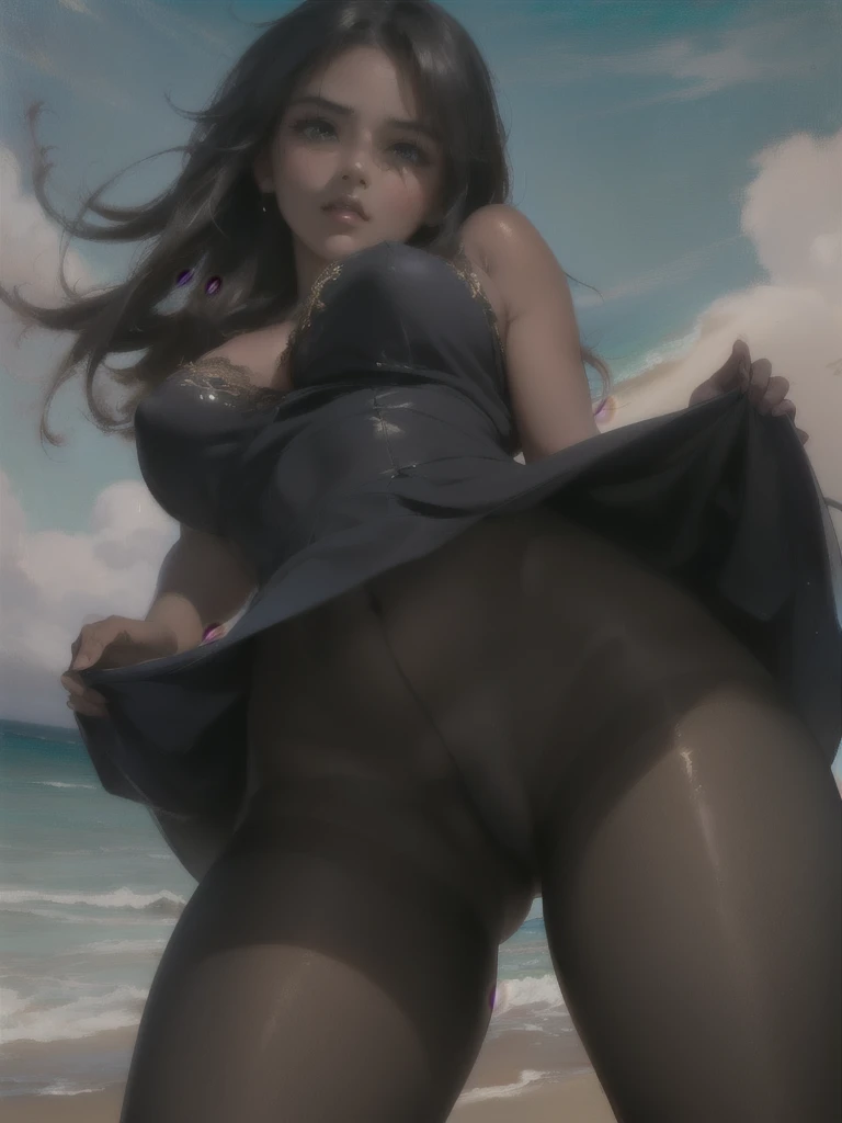 a woman, drooping eyes, ((stylized old oil painting image)), (((dark skin face and body:1.3), pantyhose with pubic crack, focus on her pubic)), see through blouse with (her erect nipples:0.9), (windy, coasted area, ocean, beach), long hair, angle from belo...