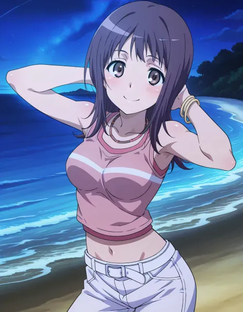 itsuwa, anime coloring, anime screencap,
bracelet, shirt, sleeveless, sleeveless shirt, breasts, blush, medium hair, brown eyes, pink shirt, long hair, necklace, medium breasts, crop top, collarbone, white belt, Itsuwa pink shirt white pants (outfit), shi...