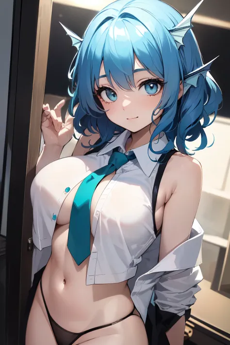 (Best Quality,Unparalleled Masterpiece:1.4),Ultra-Detailed CG 4K,(Ultra-Detailed Clear Absurdly-Vivid white Big Eyes:1.2),Gorgeous Round Detailed Face,ADULT(Bangs:1.2)(wakasagihime, 1women, age 20, big breast, big head, white eyes, blue hair, short hair, h...