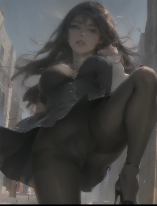 a woman, drooping eyes, ((stylized old oil painting image)), (((dark skin face and body:1.3), pantyhose with pubic crack, focus on her pubic)), see through blouse with (her erect nipples:0.9), (windy, sidewalk, buildings), long hair, angle from below, high...