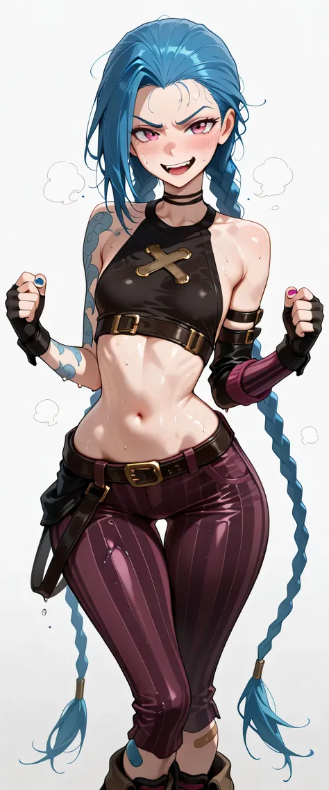 JnxPwdr, 1girl, solo, pink eyes, hot, steaming, steaming body, sweat, sweating, sweaty, sweaty body, wet, wet body, dripping, dripping sweat, blushing, embarrassed, nervous, open mouth, (((white background))), looking at viewer, cowboy shot, standing, dyna...