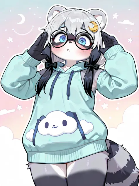 1girl, solo, cute, kemono, furry body, raccoon, fluffy striped tail, navy blue and gray fur, dreamy cloud-themed hoodie, detached sleeves, oversized round glasses, ribbon hair ornaments, nose blush, curious expression, floating on fluffy clouds, pastel sky...