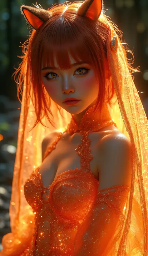 red yellow girl glows her hair in tight kigurumi thong veil clothes