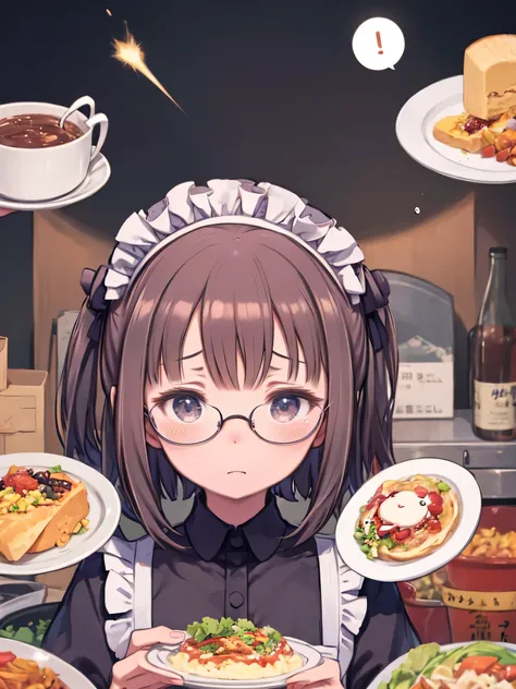 clumsy maid、Panic face、has lots of plates、Drops dishes、break the plate、Falling over、Fall、Misaligned glasses 、tears、upper body、cute、