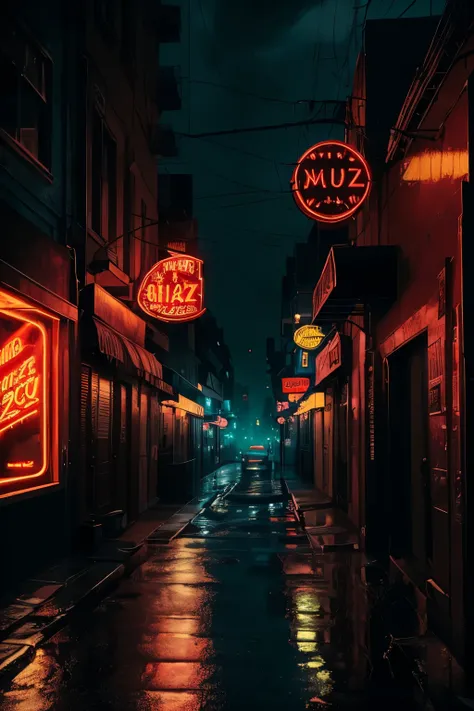 a film noir city, where jazz and blues are home, detailed cityscape with neon signs, rainy streets, dark alleys, smoky jazz clubs, moody lighting, cinematic composition, dramatic chiaroscuro, photorealistic, 8k, high-quality, professional, rich color palet...