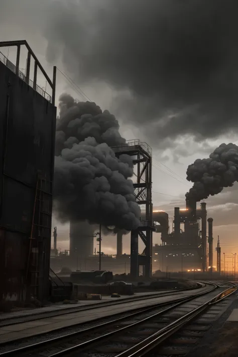 a city of industry and hard work, gas tower, old trainstation, industrial cityscape, rusting metal structures, steam vents, railway tracks, overcast sky, moody lighting, gritty urban environment, 4k, ultra-detailed, photorealistic, cinematic, dramatic ligh...