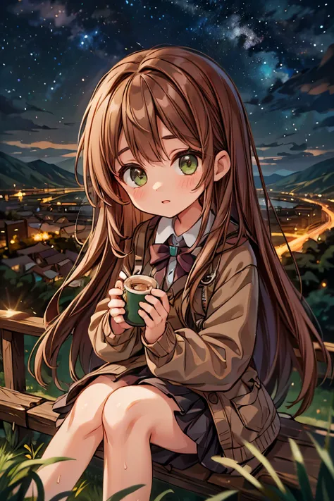 A girl with long brown hair dark green eyes looks down from a hill at the city below, her friends are near her. city lights, twilight, starry sky