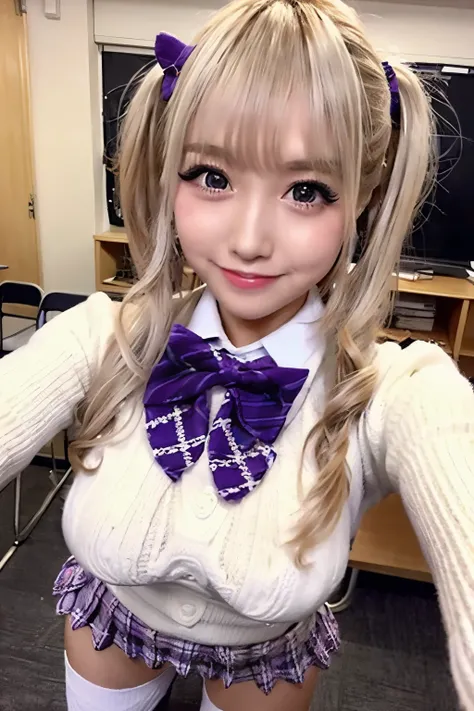 blond hair、side ponytail、 has bangs、smile、Big Breasts、 sexy body、purple knitted sweater with red bow tie/whiteshirt、 plaid pleated mini skirt 、white knee-high socks、is staring at me、 standing in a school classroom