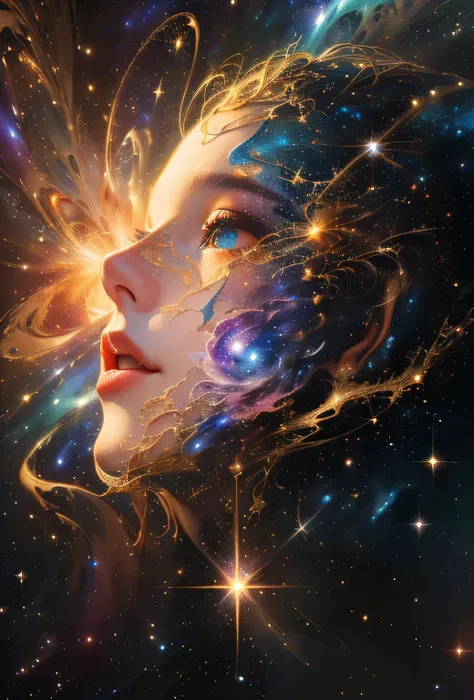 (masterpiece, best quality, high resolution), a woman's face with a galaxy background, face melting into the universe, visual collision, extended art, fantasy, aesthetics, beautifully, cosmos, detailed, beautiful art, UHD 4k, in the astral plane, neural ne...