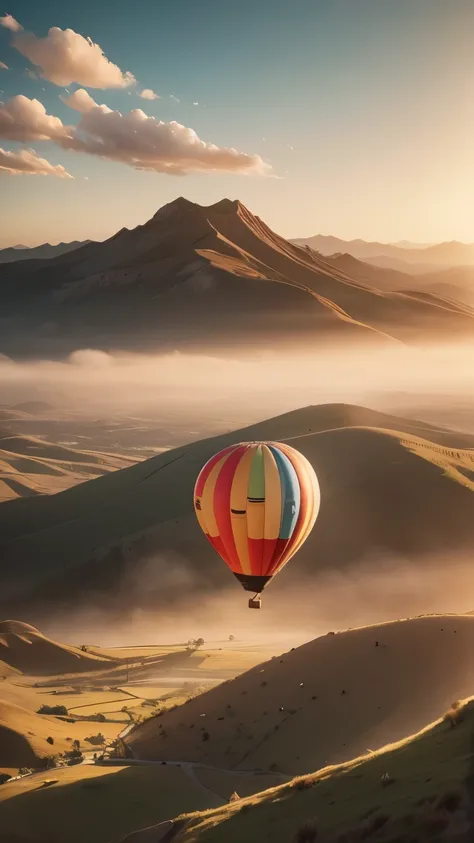 hot air balloons in the sky, stunning landscape, beautiful sunset, dramatic clouds, serene atmosphere, aerial scenic view, vibrant colors, photorealistic, digital art, cinematic lighting, highly detailed, 8K, masterpiece