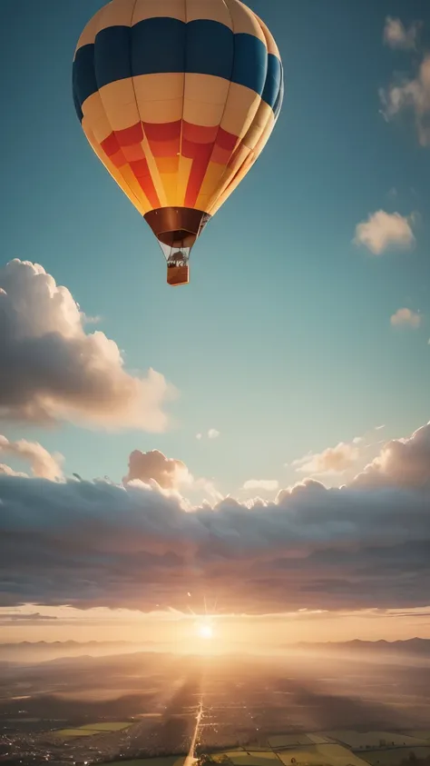 hot air balloons in the sky, stunning landscape, beautiful sunset, dramatic clouds, serene atmosphere, aerial scenic view, vibrant colors, photorealistic, digital art, cinematic lighting, highly detailed, 8K, masterpiece