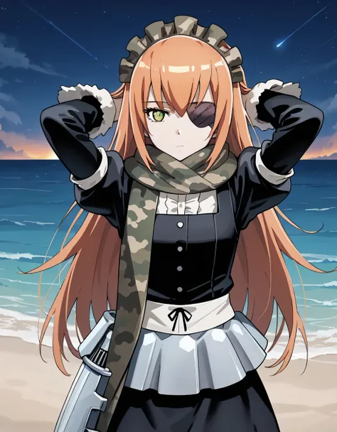 cz2128 delta, long hair, maid, armor, camouflage, scarf, maid headdress, eyepatch, expressionless, source anime, shiny skin, high quality, solo, night sky, beach, hands behind head, ((contrapposto)), closed mouth, cowboy shot, looking at viewer, expression...