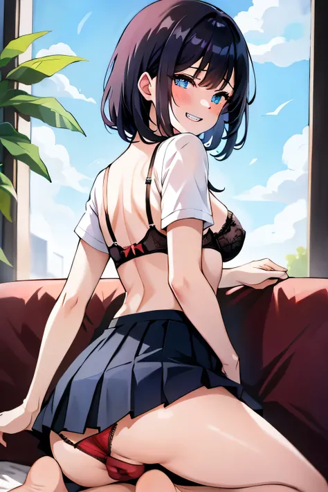  Masterpiece , best quality, absurdities, 1girl, , waist, white shirt, black hair,  dumb bangs, blue eyes, short-sleeved shirt, seraph, средняя  chest, the bra is visible through the shirt, blue skirt, pleated skirt, skirt lift, (1 boy), hint of sex, ( dir...