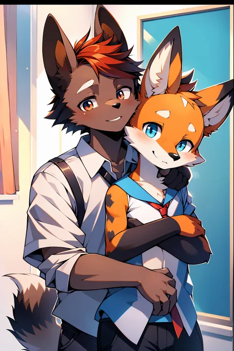 masterpiece,High quality,furry,male,odd eye,((red fox with a black conjunctiva hugging an odd eyed blue African wild dog)),Smile,classroom,men's School uniform,perfect background,dynamic,two people,anime style,About 18 years old