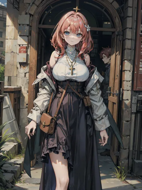 cowboy shot, large breasts, narrow waist, red hair, short hair, wavy hair, half updo, Priest, wood necklace, cloak, dark dull oversized Priest tunic, skirt, big shoulder bag, bare shoulder,