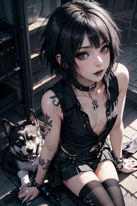 Girl, woman, emo_hairstyle, black lipstick, punk, goth, dog collar, eyeliner, eye shadow, smoky eyes, realistic lighting, tattoos, short hair, shiny skin, flat chest, short skirt, sleeveless, open business shirt, thighhighs.