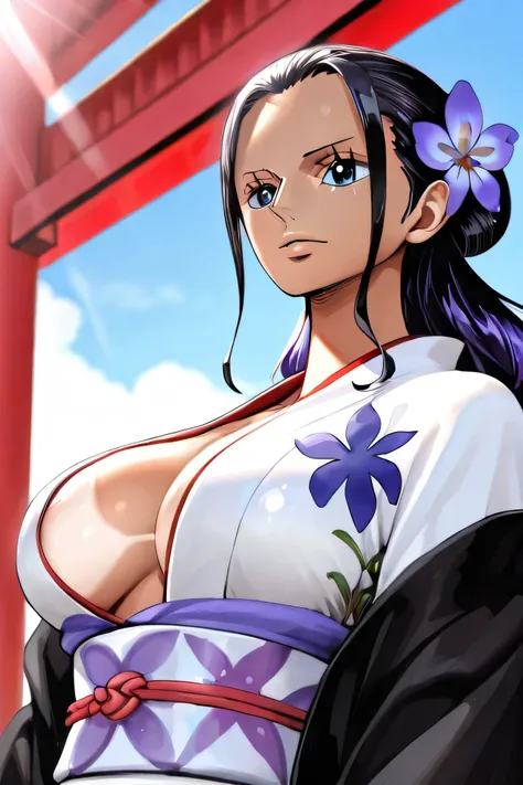 best quality, masterpiece, over  the  sea,1girl , 
(( tanlines,dark-skinned :1.39)), Beautiful sunlight on the beach, One Piece character nico robin, long black hair, extremely beautiful, looking at the viewer, (top-quality, 8k, masterpiece:1.3)), A detail...