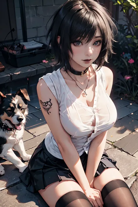 Girl, woman, emo_hairstyle, black lipstick, dog collar, necklace, eyeliner, eye shadow, smoky eyes, realistic lighting, tattoos, short hair, shiny skin, big breast, short skirt, sleeveless, (open business shirt:1.2), thighhighs. 