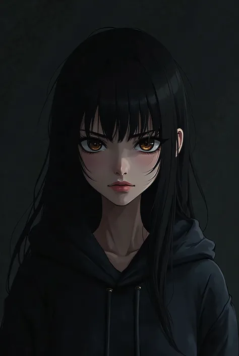 Female anime character with eye slap, long black hair, From hoodie and black clothes for profile picture 