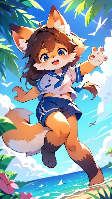  fox girl in sailor suit,Characteristics of Sailor Suits, 超High Resolution, very well detailed, big, pointed ears , dark eyes are bright orange or yellow,  Blue Sailor Suit   , shorts,  shorts ,(Fox ear style  ), long hair,long hair,High Resolution , Cheer...