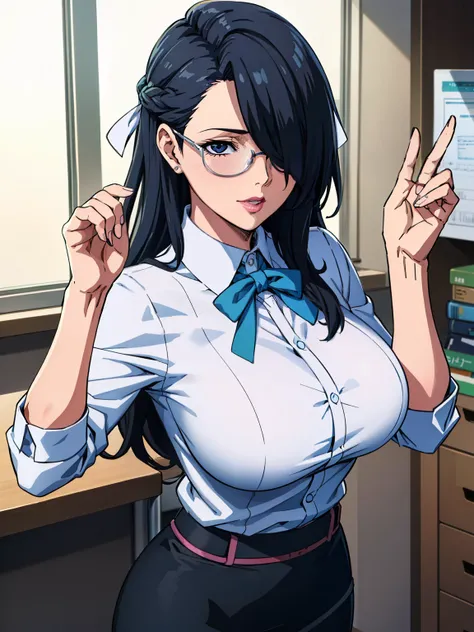 (White office formal shirt, black pencil skirt), glases, at officeroom, AzumaFubuki, anime cels style, best quality, high resolution, 1girl, (large breasts:1.2), beautiful face, long hair, hair over one eye, hair ribbon, cowboy shot, pink lipstick