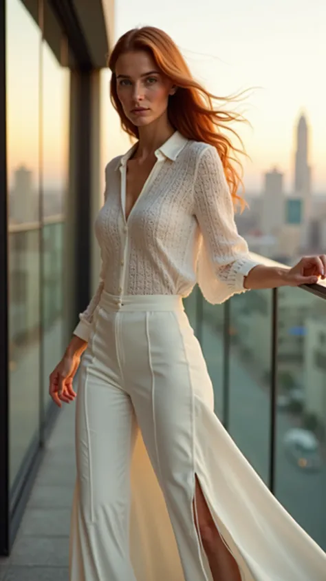 Camera shot: full-body shot, mid-range angle, focusing on fluidity and elegance.  
 SUBJECT IN MOTION : **A red haired woman, Tall and slender (90-68-92), standing on a modern balcony overlooking the city.** wears a **impeccable white outfit**: a **fitted ...