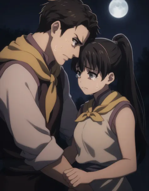 score_9, score_8_up, score_7_up, gsfghtr, multicolored robe, neckerchief, black hair, sleeveless, 1girl, sad, night, moon, hugged by a handsome boy, tears