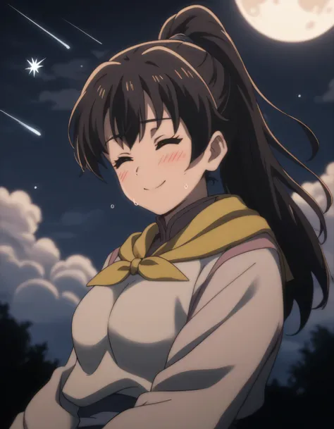 score_9, score_8_up, score_7_up, gsfghtr, multicolored robe, neckerchief, 1girl, sweating, blush, smile, blue sky, closed eyes, night, moon, shooting stars, clouds