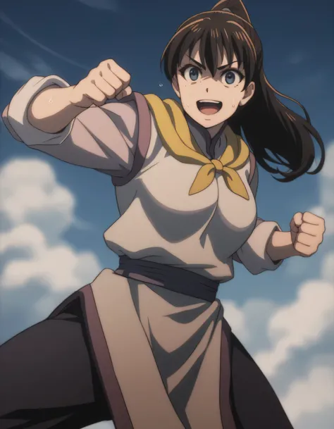 score_9, score_8_up, score_7_up, gsfghtr, multicolored robe, neckerchief, 1girl, sweating, fighting stance, smile, open mouth, blue sky, 