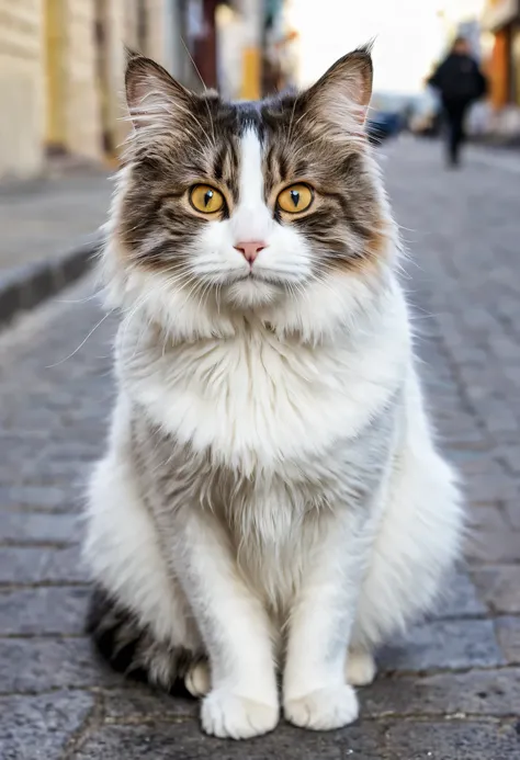 the is a cat in the street, front angle, far angle, ragamuffin, cat looking at us, high quality, high detail, high resolution