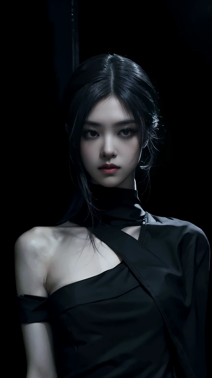 (best quality, highres:1.2), realistic, black dress, black hair, dark theme, black background, dark ninja, intense gaze, elegant posture, flowing dress, detailed facial features, long eyelashes, contrast, fine details, dramatic atmosphere, gothic style, in...