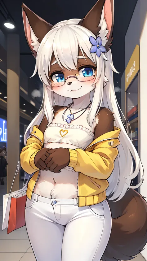 best quality,best resolution,(fluffy anthro furry :1.6),(young girl : 1.8),fox girl,(flat chest),(white hair :1.6),(very long hair),(blue eyes),round moist eye,glistering eyes,sparkle eyes,(dark brown fur :1.6),glasses,(pink strapless ruffles shirt),midrif...