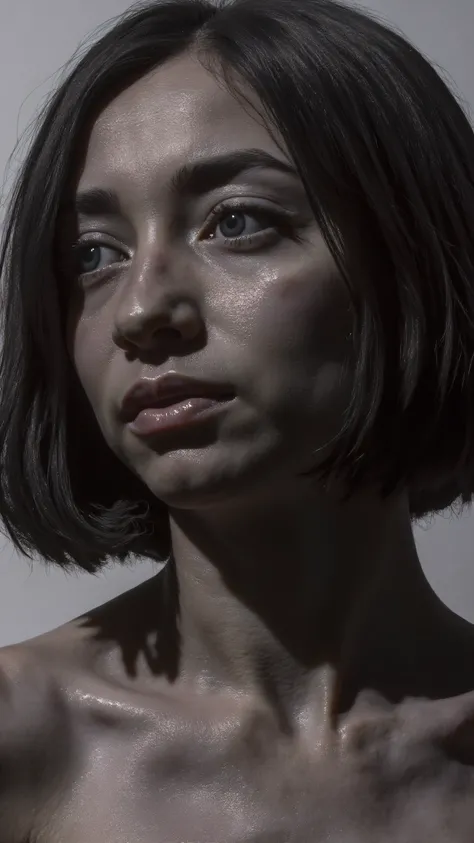 
Sad, ultra realistic, detailed face, human, woman,grey skin, grey eyes, textured skin, side profile, photograph,open eyes, short hair, black hair , straight hair, high detail, high resolution, high quality, 4k, side angle