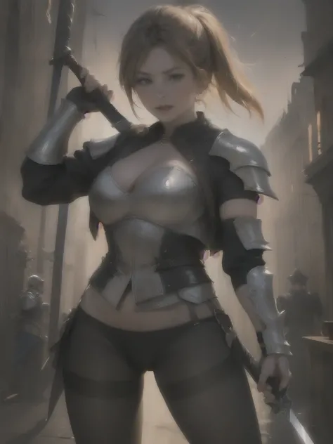 (stylized old painting image), female fighter, (leather) armor, (dark pantyhose with pubic crack), sword, 