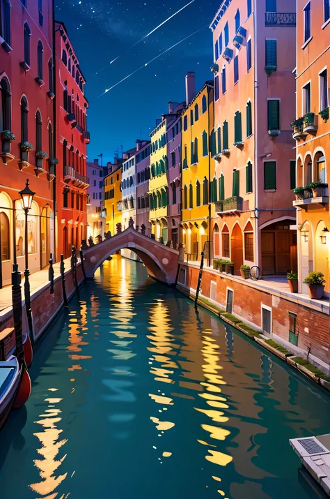 (masterpiece), best quality, single stage, very aesthetic, absurdres, safe, Venice at night, classic streets of Venice, lighted poles, canals with gondolas, at night