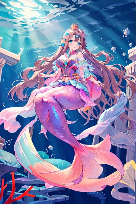 masterpiece, the best quality,
siren,  monster girl , 1 girl, alone,
 clear, Underwater, under the sea, Girl with long brown hair with turquoise hair tips, turquoise blue eyes, fish ears, coral crown, big covered breasts, Blue long fin, Long legal hair lik...