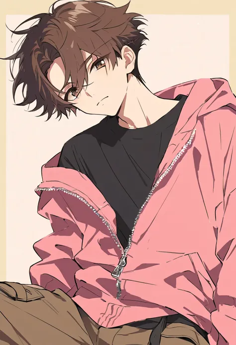 Male + brown hair + hazel eyes + pink hoodie (unzipped) + black T-shirt + brown cargo pants + solo + adult