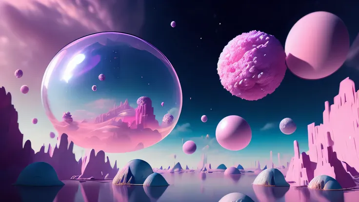  add color to the air ,  Bubble landscape，A fascinating scene unfolds .  pink tones add color to the air ,  add color to the air .  Each bubble ,  in the heart of the surreal universe ,  carefully rendered in octane ,  The ethereal light of the universe . ...