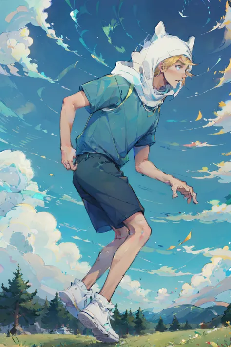 1boy, Finn of Adventure Time, wearing his outfit, handsome, toned body, tall, floating mid air, green grass background, in anime art style, absurdres, topquality, whole body, white sneakers, looking at viewer, front view