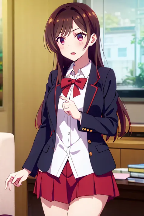 Chizuru Ichinose, 1 man, 1 girl, scholar uniform, red skirt, white shirt, in a living room, masterpiece, ultra detail, long loose hair, standing, singing, sexy